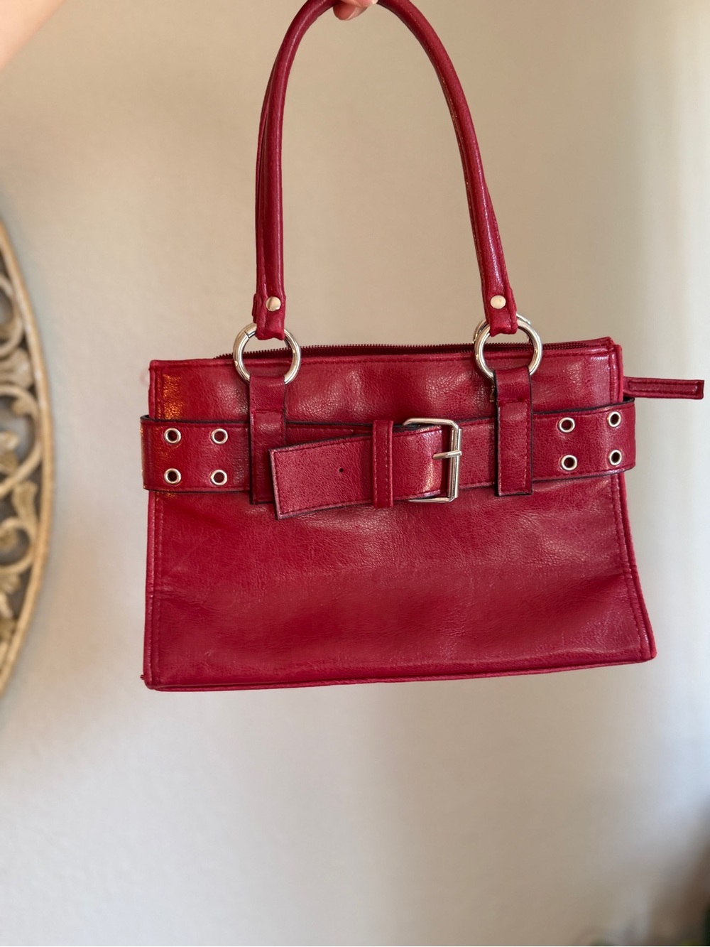 Structured Red Leather Shoulder Bag with Buckle Accent